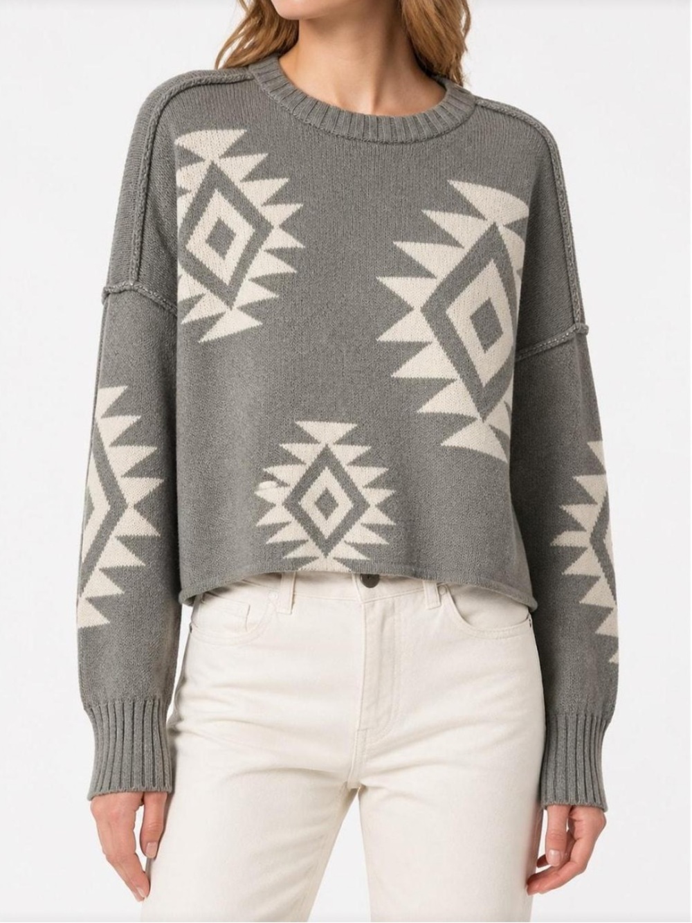 Revolve x Haute Hippie Gray & Cream Aztec-Pattern Crewneck Sweater